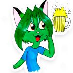  alcohol azimoert beer beverage canid canine cat_smile clothing fox green_body green_hair hair happy mammal open_mouth orange_eyes purple_nose shirt t-shirt topwear 