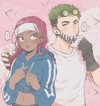  ... 1boy 1girl apex_legends black_gloves blue_hoodie blush cropped_hoodie dark-skinned_female dark_skin fingerless_gloves gloves goggles goggles_on_head green_eyes green_hair hair_behind_ear headband hood hoodie lifeline_(apex_legends) long_hair looking_to_the_side mask_pull midriff navel nemuke octane_(apex_legends) red_hair shirt spoken_ellipsis white_headband white_shirt 