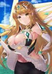  1girl artist_request black_legwear blonde_hair breasts cleavage cleavage_cutout clothing_cutout dress earrings highres jewelry large_breasts leggings long_hair miniskirt mythra_(massive_melee)_(xenoblade) mythra_(xenoblade) pantyhose short_dress skirt super_smash_bros. tiara very_long_hair white_dress white_skirt xenoblade_chronicles_(series) xenoblade_chronicles_2 yellow_eyes 