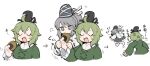  2girls =3 ahoge akikaze_cp anger_vein angry arrow_(symbol) barefoot biting blush closed_eyes dress eating fang fleeing food frilled_sleeves frills green_dress green_hair grey_eyes grey_hair hat medium_hair mononobe_no_futo multiple_girls onigiri open_mouth ponytail ribbon ribbon-trimmed_sleeves ribbon_trim running soga_no_tojiko tate_eboshi theft touhou translation_request u_u white_background wide_sleeves 