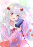  1girl :d absurdres ahoge bangs blue_eyes blush bow bubble_background drying drying_hair eromanga_sensei eyebrows_visible_through_hair fang hair_bow hair_dryer heart highres holding holding_hair_dryer izumi_sagiri long_hair long_sleeves looking_at_viewer open_mouth pajamas pink_bow pink_pajamas ribbon silver_hair smile solo tk_1120_kn upper_body 