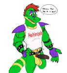  2022 ? alligator alligatorid angry angry_eyes animatronic anthro armpit_hair balls barazoku belt biceps bodily_fluids body_hair bottomless bottomless_anthro bottomless_male bracelet chest_hair claws clothed clothing colored_nails crocodilian cum cum_on_penis dialogue english_text erection fangs five_nights_at_freddy&#039;s five_nights_at_freddy&#039;s:_security_breach foreskin genital_fluids genitals gloves green_body green_nose green_skin green_tail hair hairy_balls half-closed_eyes hand_on_hip handwear hi_res humanoid_genitalia humanoid_penis jewelry long_tail looking_down machine male mohawk montgomery_gator_(fnaf) multicolored_body multicolored_skin multicolored_tail muscular nails narrowed_eyes open_mouth overbite pecs penis precum presenting presenting_balls presenting_penis pubes purple_claws purple_nails question red_eyes red_hair reptile robot rockstar scales scalie scottgames sharp_claws sharp_nails sharp_teeth shirt short_hair shoulder_guards simple_background skoogers solo speech_bubble spiked_belt spiked_bracelet spikes standing tank_top teeth text thick_tail thick_thighs topwear triceps video_games white_background yellow_body yellow_skin yellow_tail 
