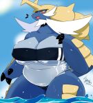  anthro big_breasts breasts cleavage clothed clothing female gearfactory gris_swimsuit meme meme_clothing nintendo one-piece_swimsuit pok&eacute;mon pok&eacute;mon_(species) samurott solo swimwear thick_thighs translucent translucent_clothing translucent_swimwear video_games 
