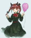  1girl :3 ama-tou animal_ear_fluff animal_ears balloon black_bow black_nails blue_background bow bowtie braid cat cat_ears cropped_legs dress extra_ears fang green_dress kaenbyou_rin nail_polish open_mouth red_bow red_bowtie red_eyes red_hair rope simple_background slit_pupils smile solo touhou twin_braids 