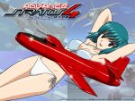  1girl aircraft airplane bikini blue_eyes blue_sky breasts cleavage collarbone copyright_name day green_hair hair_ornament honjou_mikaze looking_at_viewer lying medium_breasts medium_hair navel official_art official_wallpaper on_back sky solo stratos_4 swimsuit twintails white_bikini yamauchi_noriyasu 