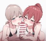  1boy 2girls bangs bar_censor black_swimsuit blue_eyes blunt_bangs blush breasts censored collarbone eyebrows_visible_through_hair fellatio ffm_threesome grey_hair group_sex hair_between_eyes half-closed_eyes handjob highres idolmaster idolmaster_shiny_colors kobinbin komiya_kaho licking licking_penis long_hair looking_at_penis looking_at_viewer male_pubic_hair multiple_fellatio multiple_girls open_mouth oral penis pov pubic_hair red_eyes red_hair serizawa_asahi sidelocks simple_background small_breasts sweat swimsuit teeth threesome tongue tongue_out two-handed_handjob upper_teeth white_background 