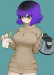  1girl blue_background blush breasts closed_mouth cowboy_shot cup disposable_cup dress fingernails green_eyes highres holding large_breasts medium_hair mouth_hold original purple_hair ribbed_sweater signature simple_background slit_pupils solo sparrowl stained_clothes standing sweater sweater_dress 