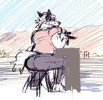  2022 anthro big_butt black_nose bottomwear butt canid canine canis chair cheek_tuft clothed clothing coyote desert desertmotels digital_media_(artwork) facial_tuft footwear full-length_portrait furniture grass grey_bottomwear grey_clothing grey_pants hair headphones hi_res hill male mammal on_chair outside pants pink_clothing pink_shirt pink_topwear plant portrait rear_view shirt shoes sitting sitting_on_chair sketch solo table tex_(desertmotels) topwear tuft 