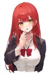  1girl absurdres bangs bow bowtie breasts collared_shirt cropped_torso eyebrows_visible_through_hair hand_up highres jacket large_breasts long_hair looking_at_viewer open_mouth original red_hair shirt simple_background solo upper_body watao white_background yellow_eyes 