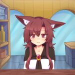  1girl animal_ears bags_under_eyes brooch brown_hair closed_mouth commentary dress ears_down imaizumi_kagerou jewelry long_hair red_eyes shop solo spongebob_squarepants tired touhou white_dress wolf_ears wool_(miwol) 