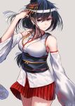 1girl bare_shoulders black_hair breasts closed_mouth cowboy_shot detached_sleeves eyebrows_visible_through_hair floral_print grey_background hair_between_eyes hair_ornament headband highres japanese_clothes kantai_collection large_breasts nontraditional_miko pleated_skirt red_eyes red_skirt short_hair simple_background skirt solo white_headband wide_sleeves yamashiro_(kancolle) yamashiro_kai_ni_(kancolle) zombie_mogura 
