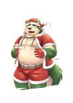  2022 absurd_res anthro belly black_nose bottomwear bulge canid canine canis christmas christmas_clothing christmas_headwear clothing domestic_dog eyes_closed hat headgear headwear hi_res holidays humanoid_hands kemono lifewonders live-a-hero male mammal mokdai moobs overweight overweight_male rotsw santa_hat shorts simple_background solo video_games white_background 