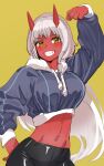 1girl :d absurdres arm_above_head black_pants blush bow_(bhp) colored_skin cropped_hoodie fangs grin hand_up highres hood hood_down hoodie horns long_sleeves looking_at_viewer midriff navel oni oni_horns original pants red_hair red_oni red_skin sharp_teeth simple_background smile solo teeth yellow_background yellow_eyes 