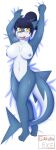  absurd_res anthro blue_body blue_hair blush bodily_fluids body_pillow breasts dakimakura_design dakimakura_pillow dakimakura_pose dakimakura_style female fish garudaexe hair hi_res horn lisa_(garudaexe) looking_at_viewer marine nipples non-mammal_breasts nude open_mouth pillow shark simple_background smile solo sweat yellow_eyes 