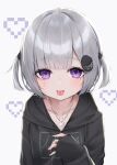  1girl :p bangs black_hoodie blunt_bangs blush collarbone commentary_request drooling eyebrows_visible_through_hair grey_background grey_hair hair_ornament hand_up heart heart_necklace highres hood hood_down hoodie long_sleeves mole mole_under_eye original piercing pixel_art puffy_long_sleeves puffy_sleeves purple_eyes saliva simple_background sleeves_past_wrists solo sweat tongue tongue_out tongue_piercing tsukiman upper_body 