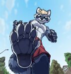  2017 anthro canid cloud fur looking_down macro male mammal multi_head plantigrade procyonid raccoon sky smile smirk spunky_(spunky) stomping tirrel underpaw 