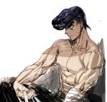  1boy bandages black_pants blue_eyes bow_(bhp) closed_mouth diamond_wa_kudakenai higashikata_josuke jojo_no_kimyou_na_bouken male_focus muscular muscular_male pants pompadour purple_hair simple_background solo topless_male white_background 