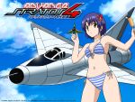  1girl aircraft airplane ass bikini blue_hair blue_sky breast_tattoo breasts butterfly_hair_ornament cleavage collarbone copyright_name corn_dog day hair_ornament hands_up holding kikuhara_karin looking_at_viewer navel official_art official_wallpaper short_hair side-tie_bikini sky small_breasts solo standing stratos_4 striped striped_bikini swimsuit tattoo yamauchi_noriyasu yellow_eyes 