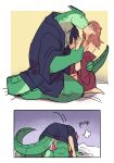  all_fours anthro big_penis big_tail blush clothing comic digital_media_(artwork) dragon duo english_text erection female genitals grabbing_wrist green_body green_scales hair hand_on_chest hi_res horn human humanoid_genitalia humanoid_penis interspecies kissing lying male male/female mammal ollie_(spirit_bathouse) on_back penis red_hair romantic scales scalie sframboob simple_background size_difference text topwear zagredos_(spirit_bathouse) 