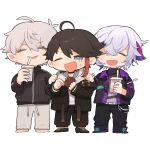  3boys :d ^_^ ahoge bangs barefoot black_choker black_footwear black_hair black_jacket black_pants blue_eyes bubble_tea chibi choker closed_eyes coin coin_purse crying crying_with_eyes_open cup disposable_cup drawstring eyebrows_visible_through_hair fang fuwa_minato grey_hair grey_pants grey_shirt hair_between_eyes hand_on_another&#039;s_shoulder highres holding holding_cup hood hood_down hoodie jacket kiduta_cielo kuzuha_(nijisanji) long_sleeves male_focus money multicolored_hair multiple_boys nijisanji one_eye_closed open_clothes open_jacket pants pointy_ears purple_hair red_hair saegusa_akina shirt shoes simple_background smile streaked_hair sweatpants tears track_jacket v-shaped_eyebrows virtual_youtuber white_background white_hoodie 