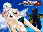  2girls aircraft airplane ass back betty_boozeman bikini black_bikini blue_eyes blue_sky breasts brown_eyes chris_calman cloud cloudy_sky collarbone day f2y_sea_dart jet looking_at_viewer medium_breasts multiple_girls navel official_art official_wallpaper pink_hair short_hair silver_hair sky smile stratos_4 swimsuit yamauchi_noriyasu 