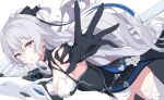  1girl absurdres bangs bare_shoulders black_gloves breasts bronya_zaychik bronya_zaychik_(silverwing:_n-ex) closed_mouth dress drill_hair gloves grey_eyes grey_hair hair_between_eyes hair_ornament highres honkai_(series) honkai_impact_3rd kolimiya large_breasts long_hair looking_at_viewer outstretched_arm simple_background single_glove solo twin_drills white_background white_dress white_legwear 