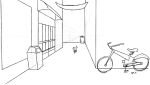  alley awning bicycle domestic_cat felid feline felis hi_res mammal perspective store_front trash_bin trash_can 