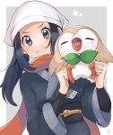  1girl akari_(pokemon) black_hair black_sash black_shirt blush commentary eyelashes grey_eyes grey_jacket grin hands_up head_scarf highres holding holding_pokemon jacket long_hair looking_at_viewer orange_scarf pokemon pokemon_(creature) pokemon_(game) pokemon_legends:_arceus ponytail ririmon rowlet sash scarf shirt sidelocks signature smile sparkle teeth upper_body white_headwear 