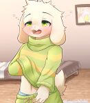  5_fingers absurd_res anthro asriel_dreemurr bed blush boss_monster bovid caprine clothed clothing fingers floppy_ears fur furniture goat green_eyes half-closed_eyes hi_res inside male mammal narrowed_eyes open_mouth pajamas solo tired undertale undertale_(series) video_games white_body white_fur yotsukan young 