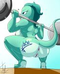  anthro anus big_butt bodily_fluids breasts butt butt_tattoo exercise female genitals green_body hi_res jade_(lechugansfw) lechugansfw lizard muscular muscular_female piercing presenting presenting_hindquarters pussy reptile scalie simple_background solo sweat tattoo training weightlifting weights workout 