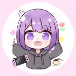  1girl :d animal_on_head bangs black_hoodie bunny chibi commentary_request cropped_torso drawstring eyebrows_visible_through_hair flower food handheld_game_console happy heart hood hood_down hoodie ixia_(ixia424) long_sleeves looking_at_viewer medium_hair nintendo_switch_lite on_head open_mouth original pudding purple_background purple_eyes purple_hair red_flower saucer shiny shiny_hair sleeves_past_wrists smile solo spoon star_(symbol) stylus teeth two-tone_background upper_body upper_teeth white_background 