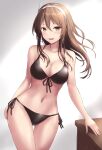  1girl arm_support ashigara_(kancolle) bare_arms bare_legs bare_shoulders bikini black_bikini breasts brown_eyes brown_hair cleavage collarbone cowboy_shot drawer fangs hairband highres kantai_collection large_breasts long_hair monoku navel open_mouth smile solo swimsuit white_hairband 