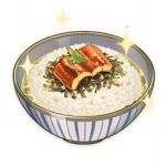  artist_request bowl commentary english_commentary fish_(food) food food_focus garnish genshin_impact leaf lowres no_humans official_art rice seaweed sesame_seeds sparkle still_life third-party_source transparent_background 