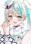  1girl absurdres amau_syrup angel_wings blue_eyes blue_hair earrings ebimau fingers_together halo hat heart highres idol indie_virtual_youtuber jewelry long_hair looking_at_viewer multicolored_hair nail_polish pale_skin silver_hair solo twintails virtual_youtuber wings 