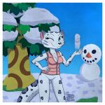  1:1 2018 5_fingers animal_crossing anthro bianca_(animal_crossing) black_body black_fur black_nose blue_eyes blush breasts clothed clothing coat detailed_background felid female fingers forest foxyxxx fur genitals grass grey_body grey_fur hand_on_hip hi_res leaf mammal markings medium_breasts nintendo one_eye_closed pantherine partially_clothed plant pose pussy smile snow snowball snowballing snowman solo spots spotted_body spotted_fur spotted_markings tiger topwear tossing tree video_games white_body white_fur wink winter 