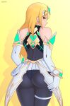  armor ass bare_shoulders black_legwear blonde_hair dress earrings elbow_gloves gloves highres jewelry leggings long_hair looking_at_viewer miniskirt mythra_(massive_melee)_(xenoblade) mythra_(xenoblade) pantyhose short_dress skirt thigh_strap tiara very_long_hair white_dress white_skirt xenoblade_chronicles_(series) xenoblade_chronicles_2 yellow_eyes 