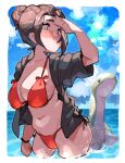  1girl apex_legends bangs bikini black_hoodie blush bracelet breasts cleavage clenched_hand cloud collarbone hair_bun head_tilt highres hood hoodie jewelry looking_up makingtawawa midriff navel nessie_(respawn) ocean parted_bangs red_bikini sky solo swimsuit wraith_(apex_legends) 