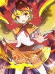  1girl animal_on_head bird bird_on_head bird_tail bird_wings brown_dress chick chicken dress feathered_wings highres multicolored_hair niwatari_kutaka on_head orange_dress ra_mun5239 red_neckwear solo tail tail_feathers touhou two-tone_hair wings yellow_wings 