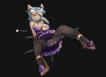  1girl after_vaginal artist_name bangs bare_shoulders black_background black_dress brown_legwear collarbone cum cum_in_pussy dress evelynn_(league_of_legends) grey_hair hair_horns high_heels highres league_of_legends medium_hair nipples open_mouth outline pink_dress pussy saliva shiny shiny_skin shuuko_(s_h_uuko) simple_background solo sugar_rush_evelynn teeth thighhighs tongue white_outline 