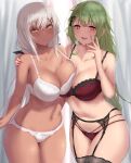  2girls absurdres asymmetrical_docking bangs black_bow black_garter_belt black_legwear bow bow_panties bra breast_press breasts cleavage closed_mouth commentary_request dark-skinned_female dark_skin eyebrows_visible_through_hair garter_belt girls&#039;_frontline green_hair hair_ornament hairclip hand_on_another&#039;s_shoulder hand_up highres large_breasts long_hair looking_at_viewer m590_(girls&#039;_frontline) mk48_(girls&#039;_frontline) multiple_girls nail_polish navel open_mouth panties red_bra red_eyes red_nails red_panties satou_aji smile standing sweat thighhighs thighs underwear underwear_only very_long_hair white_bra white_hair white_panties yellow_eyes 
