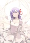  1girl absurdres breasts character_request choker chyoel cleavage cowboy_shot dress elbow_gloves fate_(series) gloves hair_ribbon highres looking_at_viewer medium_breasts parted_lips purple_eyes purple_hair red_ribbon ribbon solo white_choker white_dress white_gloves 