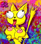  2022 abstract_background anthro big_breasts big_eyes breasts derp_eyes domestic_cat eyes_popping_out felid feline felis female fur mammal shirtbusters solo solo_focus surreal surrealism tongue tongue_out yellow_body yellow_fur 
