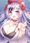  1girl alternate_costume azur_lane bare_shoulders beret black_bra black_hair bra breasts choker cleavage elbe_(azur_lane) fang finger_to_mouth hat heart heart-shaped_pupils highres huge_breasts leaning_forward light_purple_hair long_hair multicolored_hair open_mouth oppai_loli purple_eyes red_choker red_headwear solo streaked_hair sweater symbol-shaped_pupils two-tone_hair underwear very_long_hair white_sweater yomogi_(becr) 