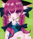  1girl absurdres animal_ear_fluff animal_ears bandaid bandaid_on_knee bare_shoulders black_bow blush bow braid cat_ears character_name dotted_background dress extra_ears fang green_background green_dress highres kaenbyou_rin long_hair open_mouth pointy_ears red_eyes red_hair renakobonb signature simple_background slit_pupils solo touhou twin_braids 