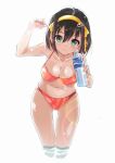  1girl alternate_eye_color arm_up bangs bikini blue_eyes bob_cut bottle brand_name_imitation breasts brown_hair closed_mouth commentary_request drink eyebrows_visible_through_hair hair_ribbon hairband holding holding_drink large_breasts nanabuluku pocari_sweat red_bikini ribbon shiny shiny_hair short_hair simple_background smile solo standing standing_on_liquid suzumiya_haruhi suzumiya_haruhi_no_yuuutsu swimsuit water water_bottle white_background yellow_hairband yellow_ribbon 