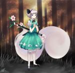  1girl bad_hands black_bow black_footwear black_hairband black_neckwear black_ribbon blue_eyes bob_cut bow bowtie breasts collared_shirt forest green_skirt green_vest hair_ribbon hairband highres hitodama hitodama_print katana kelbhin konpaku_youmu konpaku_youmu_(ghost) nature outdoors ribbon scabbard sheath shirt shoes short_hair short_sleeves silver_hair skirt skirt_set small_breasts socks solo sword touhou vest wakizashi weapon white_legwear white_shirt 