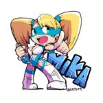  1girl blonde_hair blue_eyes blue_leotard boots breasts character_name chibi clothing_cutout holding holding_microphone kesut4 leotard long_hair looking_at_viewer mask microphone open_mouth pointing rainbow_mika solo street_fighter street_fighter_v twintails twitter_username wrestling_outfit 