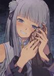  1boy 1girl absurdres bangs bare_shoulders blood blunt_bangs blush commentary_request detached_sleeves emilia_(re:zero) eyebrows_visible_through_hair eyelashes grey_eyes grey_hair hair_ribbon half-closed_eyes hand_grab hands_up head_tilt highres iwamushi long_hair re:zero_kara_hajimeru_isekai_seikatsu ribbon sidelocks smile 