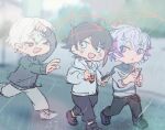  3boys :d ahoge arm_up bangs black_footwear black_hair black_sweater blue_eyes blurry blurry_background cellphone chibi depth_of_field eyebrows_visible_through_hair fang fuwa_minato grey_footwear grey_hair grey_pants grey_shirt hair_between_eyes highres holding holding_phone holding_umbrella hood hood_down hoodie kiduta_cielo kuzuha_(nijisanji) long_sleeves male_focus multicolored_hair multiple_boys nijisanji outdoors pants phone purple_eyes purple_hair rain red_eyes red_hair running saegusa_akina shirt shoes sketch smile streaked_hair sweat sweater umbrella v-shaped_eyebrows virtual_youtuber white_hoodie 