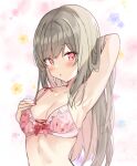  1girl :o absurdres arm_behind_head arm_up armpits bangs bare_arms bare_shoulders blue_flower blush bow bow_bra bra breasts cleavage collarbone commentary_request eyebrows_visible_through_hair floral_background flower grey_hair highres long_hair looking_at_viewer multicolored_hair original parted_lips pink_bra pink_eyes pink_flower pink_hair saeki_sora small_breasts solo strawberry_bra two-tone_hair underwear underwear_only upper_body very_long_hair yellow_flower 